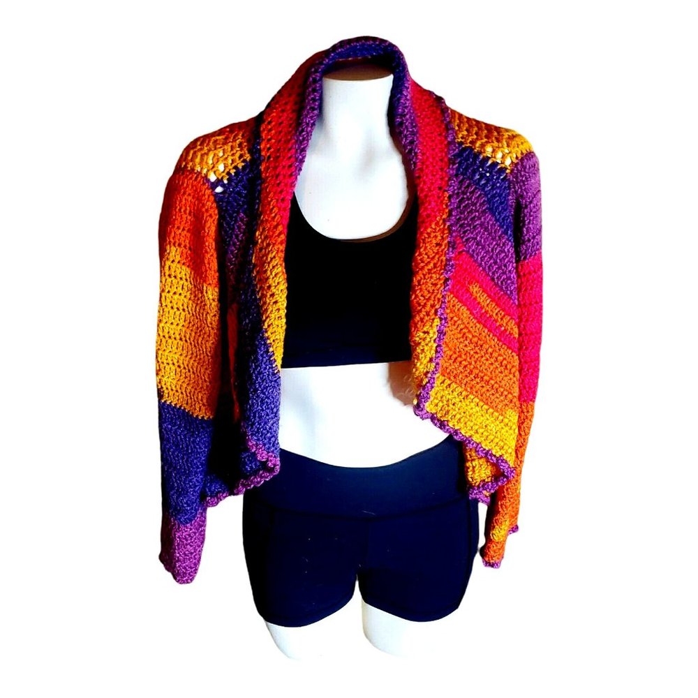Hand Crafted Rainbow Shrug Cardigan Sweater  Open Knit One Size